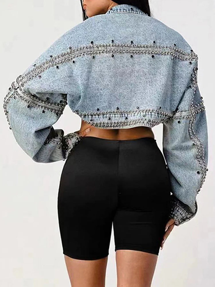DEAT Casual Fashion Women's Denim Jackets New Solid Long Sleeve Turn-down Collar Patchwork Rivet Coat Female Summer 2024 17A1756