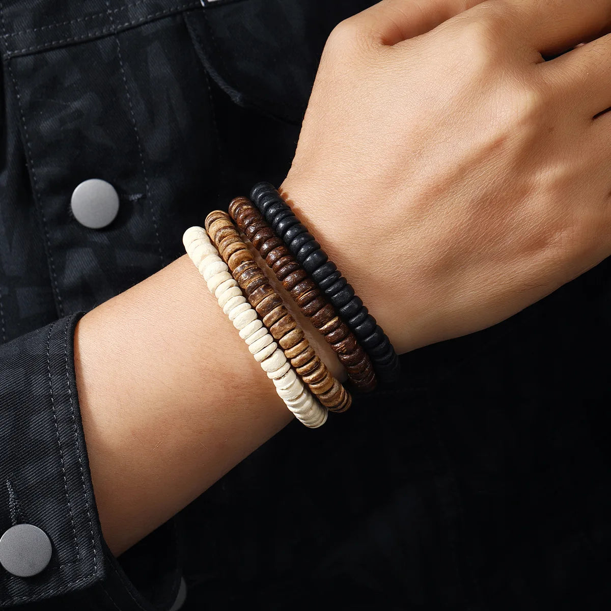 Wooden Bracelets For Men Beaded Multilayer Wooden Bead Jewelry Irregular Coconut Shell Handmade Elastic Bracelet Jewelry
