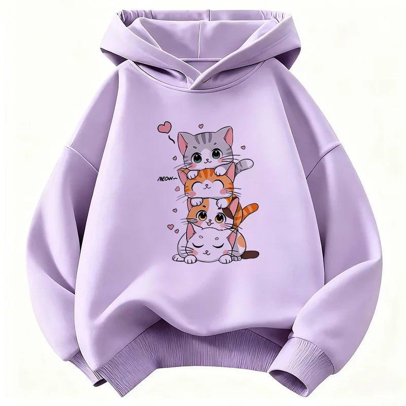 Cute Cat Graphic Kids Hoodie Long Sleeve Sweatshirt Cartoon Animal Boys Girls Clothes Kawaii Kitten Tops Y2K Children Hoody
