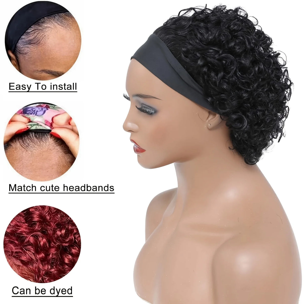 Headband Wig Human Hair for Woman Pixie Cut Wig Short Curly Hair Headband Wig Machine Made 150% Density Black Beginner Friendly