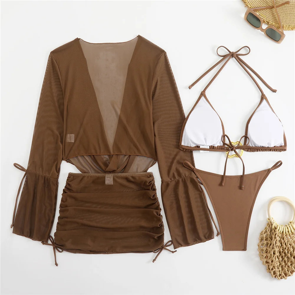 Brown Halter String Triangle Bikinis Sets 4 Piece Mesh Smock Cover Ups Swimwear Metal Ring Sexy Swimsuit Women Beachwear Biquini