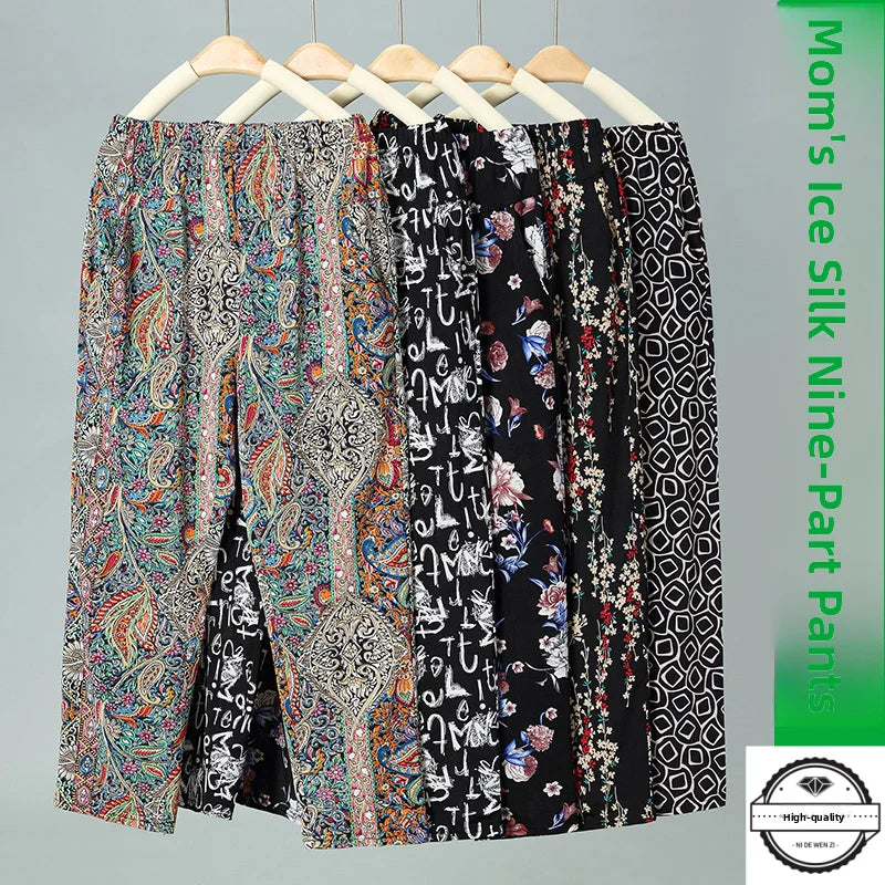 Summer Thin Nine Points Ice Silk Loose Straight Leg Pants High Waist Floral Design for Mom And andma Comfortable Casual Tro...