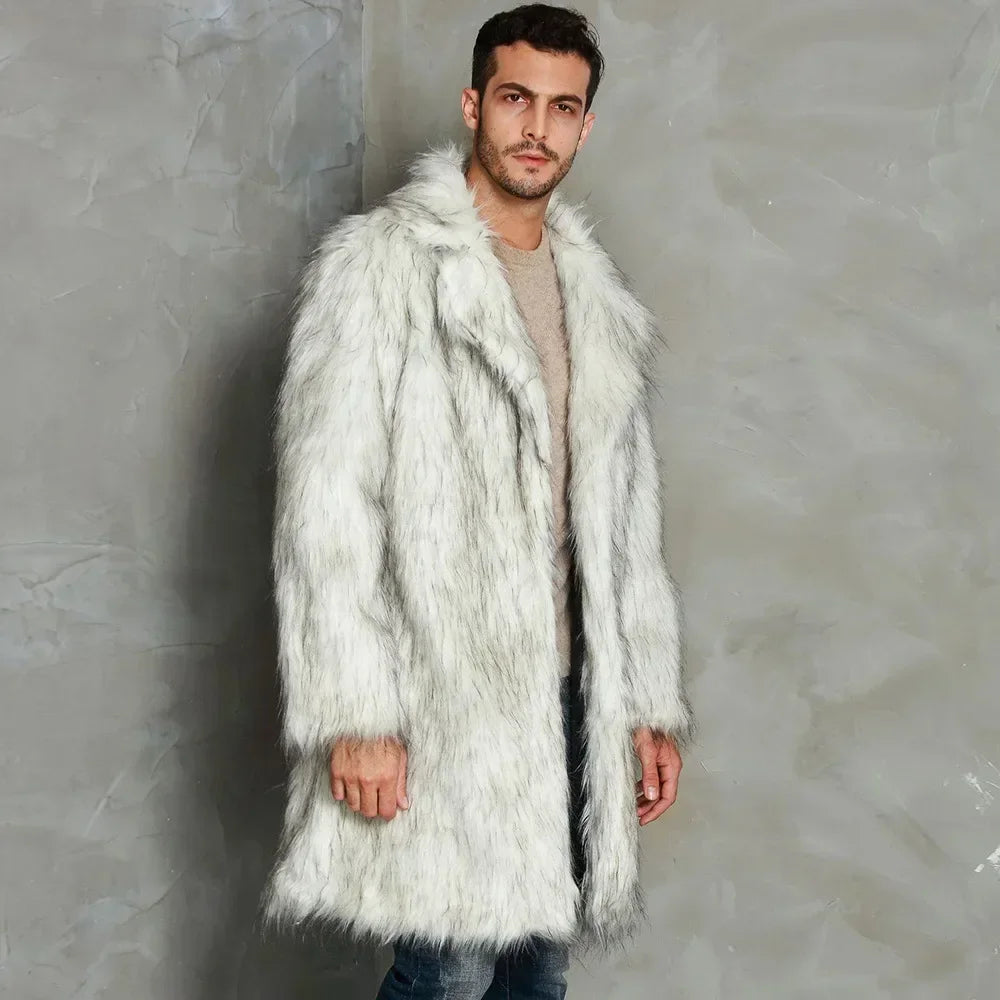 Men's Coat Warm Faux Fur Loose Autumn Winter Brown Long Coats Turn Down Collar Sleeve Men High Waist Maxi Elegant Jacket