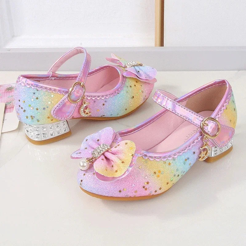 Chic Children High Heels New Wedding Party Girl Chic Princess Causal Shoes Fashion Rainbow Sequins Bowknot Kids Leather Shoes