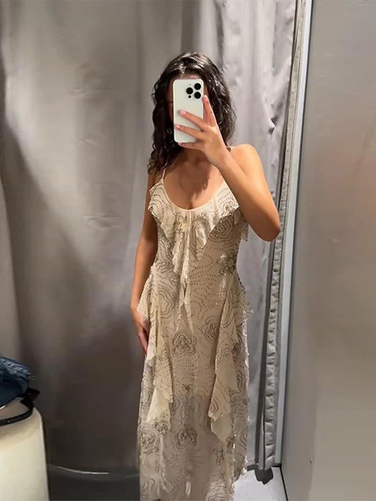 Bead Embroidery Sequin Ruffle Women Dress Sleeveless Backless Strap Sexy Evening Dresses 2025 Summer Party Holiday Street Robe