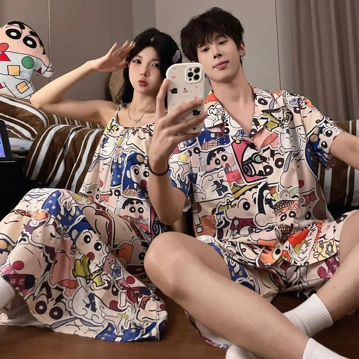 Pajamas Cute Cartoon Originality Printing Lovers Pajamas Summer Loose Comfort Thin Style Household Clothes Suit