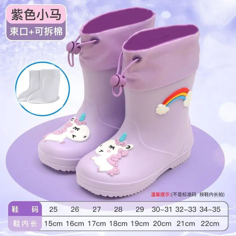 New Kids Rain Boots Boys Girls Rainbow Water Shoes Toddlers Garden Shoes Kids Cartoon Drawstring Non-Slip Rain Boots Comfortable