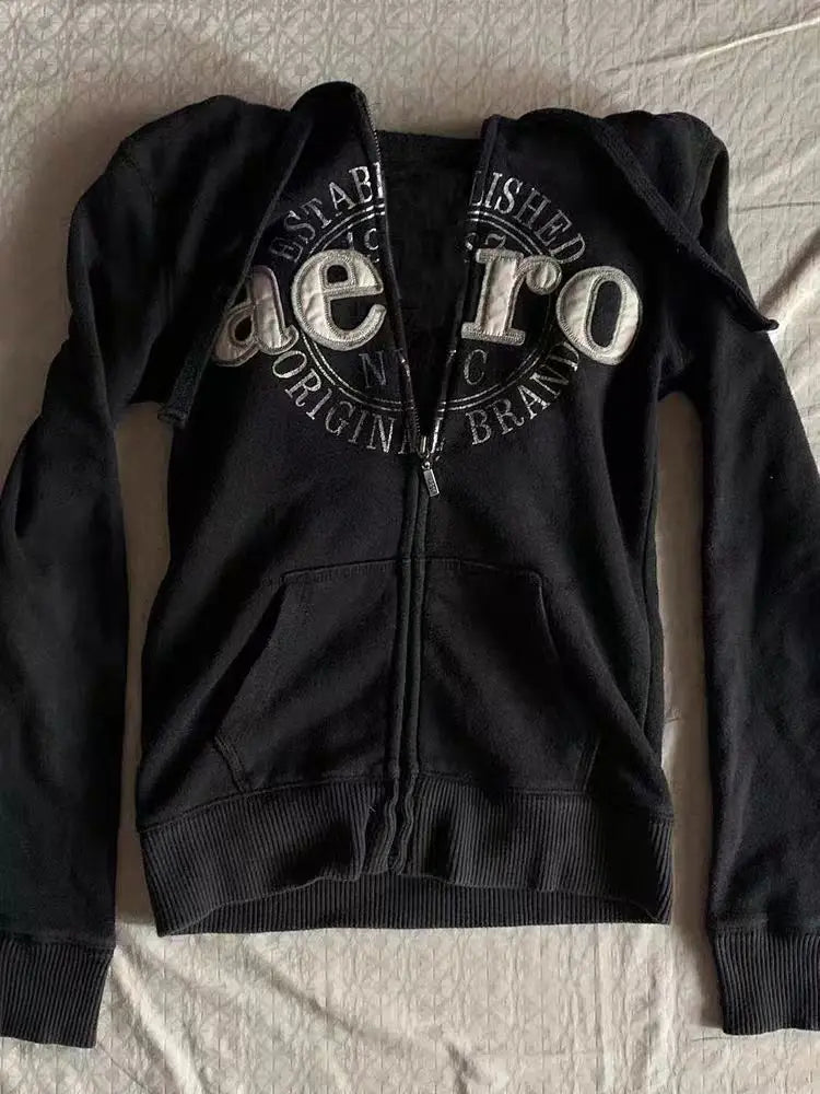 Vintage Letter Graphic Punk 2000s Girl Y2k Hoodie Zip-up Korean Sweet Cropped Slim Sweatshirts Casual Female Blusas Goth Hooded