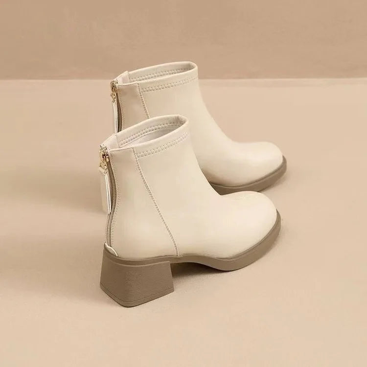 Women's Boots 2025 Autumn/Winter Mid Heel Plush Short Boots Women's Shoes New Single Boots French White Thin Boots Thick Heel
