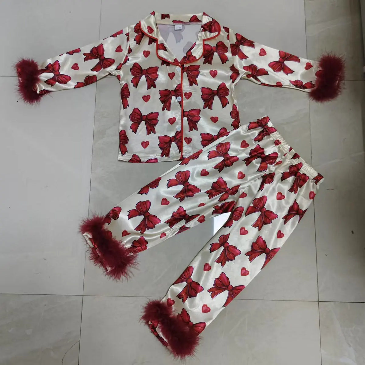 Kid Clothes Girl Satin Pajamas Set Bow Print Feather Cuffs Long Sleeve Lapel Button Down Tops with Pants Sleepwear