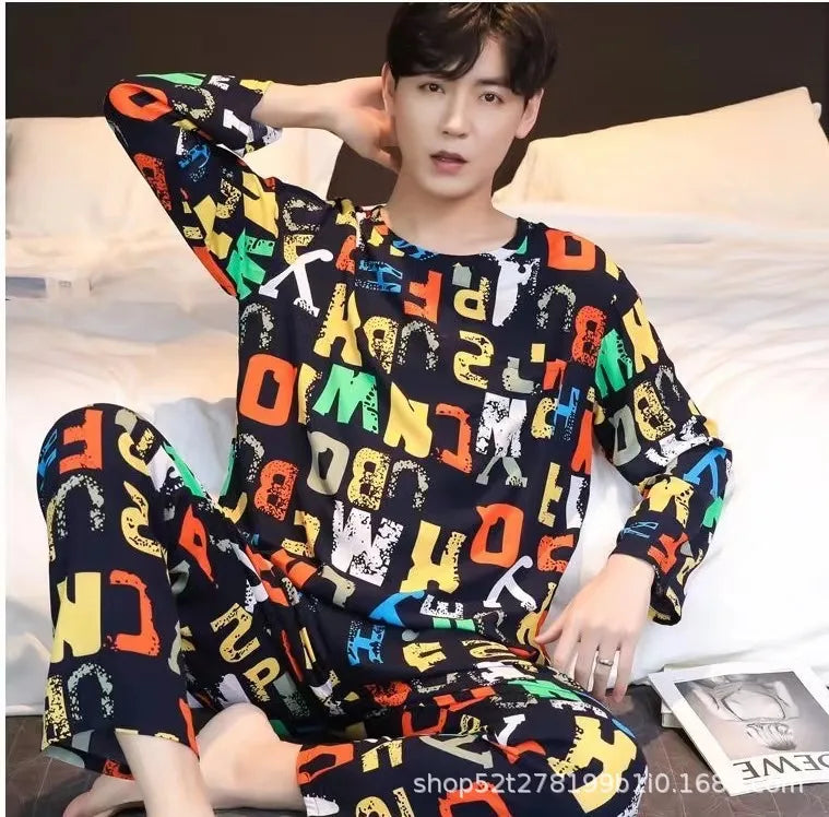 New Men's Spring And Autumn Striped Leisure Pajamas Sets Boys Long-Sleeved Home Wear Teenagers Outside The Home Wear Suit