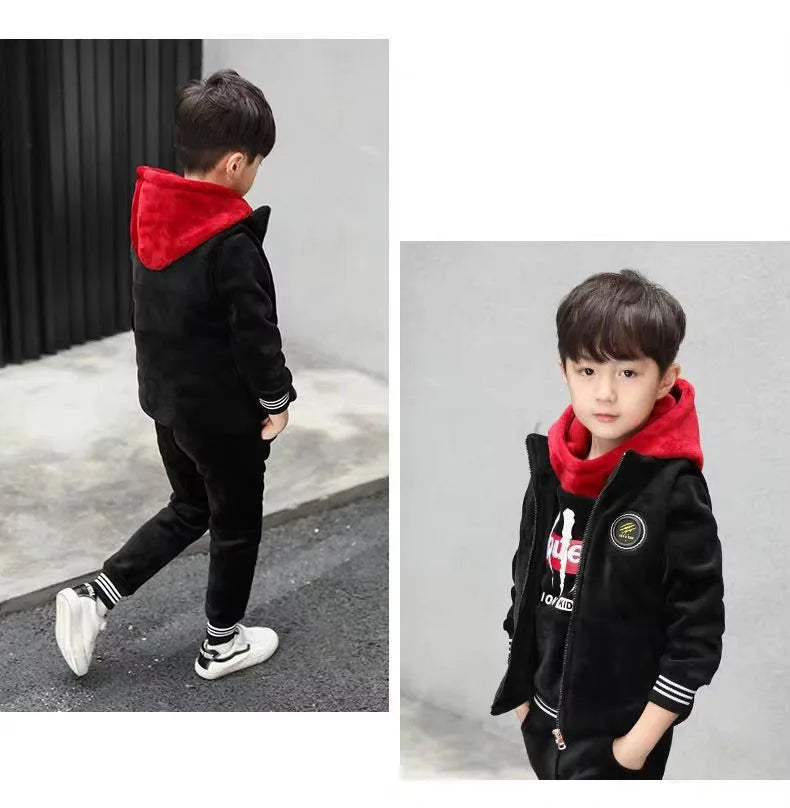Winter Boys Tracksuit Autumn Toddler Teenager Clothes Tiger Velvet Jacket + Sweater + Pant Children Kids 4 5 6 8 9 10 11 12 Year