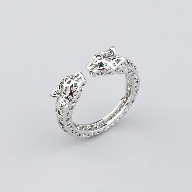 Europe America Style Men Women Lady Plated Gold Color Inlay Cubic Zircon Hollow Out Green Eyes Double Leopard Open Ring Bracelet
