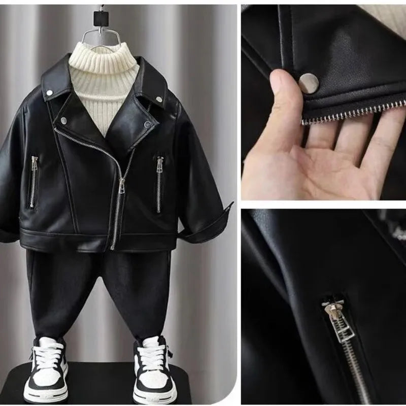 Boys Pu Leather Jackets Spring Autumn Children Handsome Outerwear Kids Zipper Trends Coats Baby Classics Clothes 2-8 Years