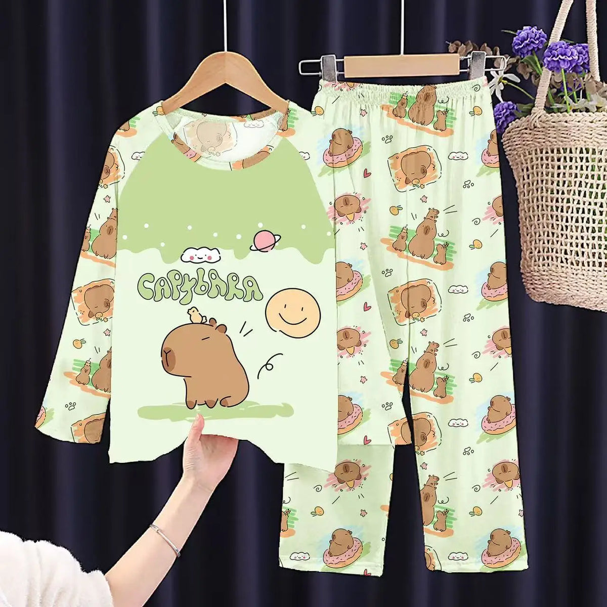 Capibara Kids Pajama Sets Long Sleeve Loungewear with Cute Animal Print Soft Sleepwear for Boys Girls Cartoon Sleepwear Outfit