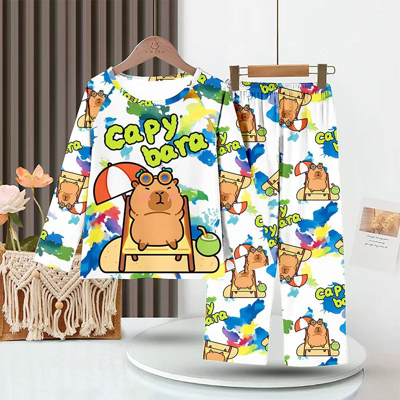 Capibara Kids Pajama Sets Long Sleeve Loungewear with Cute Animal Print Soft Sleepwear for Boys Girls Cartoon Sleepwear Outfit