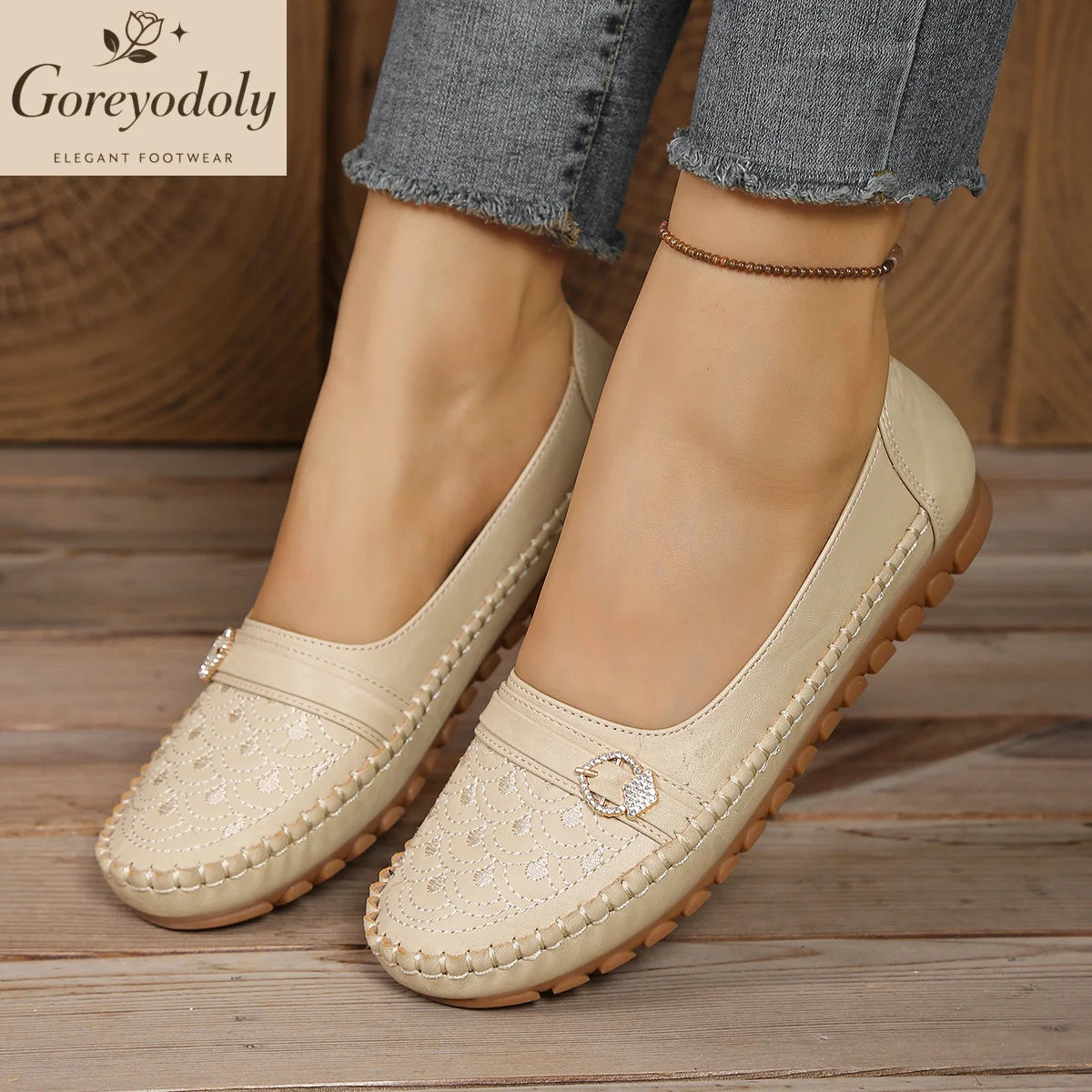 goreyodoly Women Comfortable Slip-On Loafers, Lightweight Breathable Wide Fit Flats with Embroidery & Rhinestone Buckle