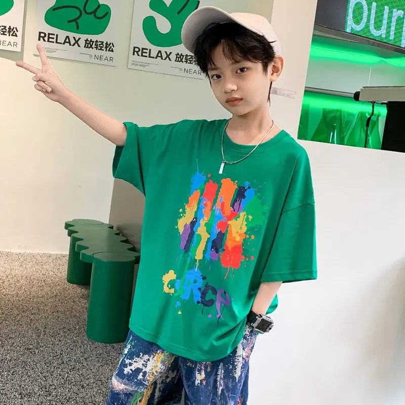 New Arrivals Tshirts for Boys Kid Korean Casual Painting Print Graffiti Pattern Children's Clothes Cotton Loose Student T-Shirts
