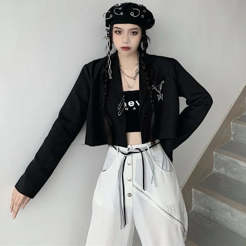 Cropped Blazers Women Designer Chain Notched Hipsters S-3XL Youth Autumn Ulzzang Streetwear Personality Teens Y2k New Overcoats