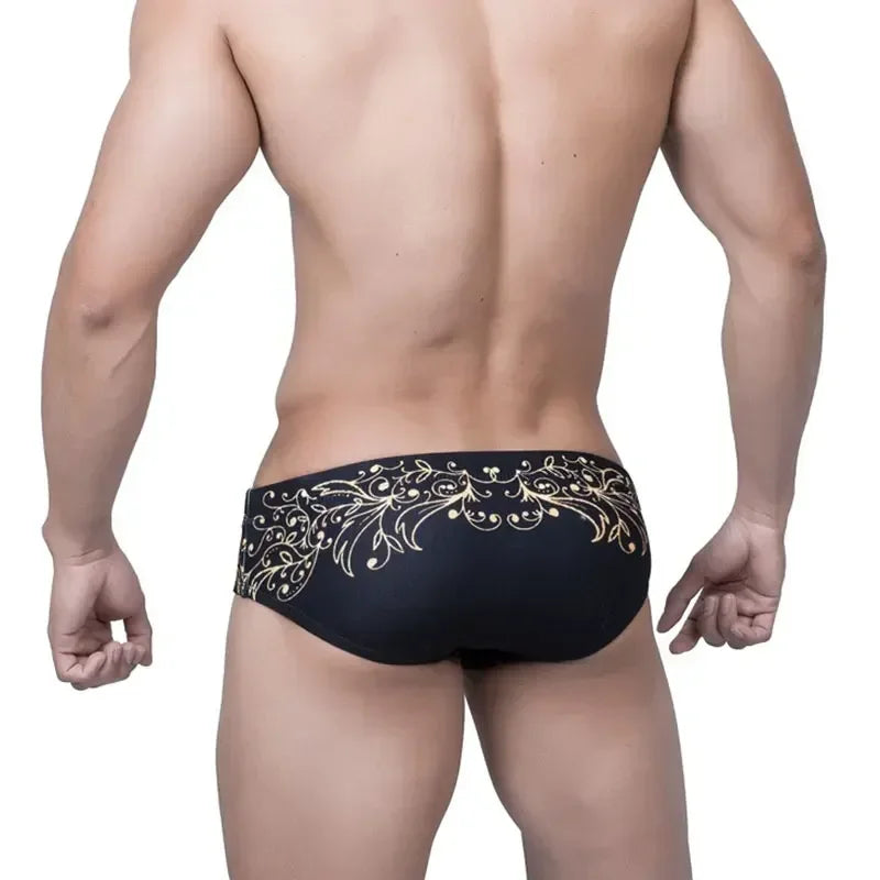Black Swiwear Men Retro Gold Leaf Print Swim Briefs Mens Swimming Trunks Beach Shorts Surffing Short Male Bikini Swimsuits Man