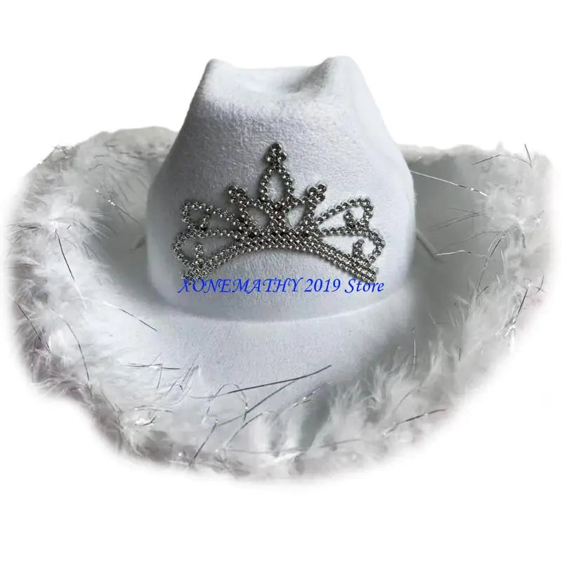 F42F Funny Party Hats Cowgirls Hat Furry Trims Ladies Western Hats for Womens Fedoras Western Cowgirls Hat Vintage