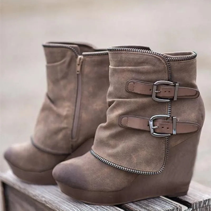 2025 New Women's Boots Zip Womens High Heels Suede Fashion Wedge Heels Durable Retro Women Ankle Boots Round Head Bottes Femmes