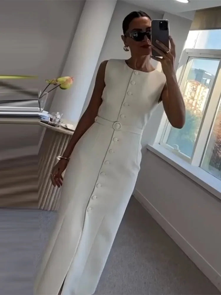 Women Long Dress Summer Casual Simple Solid Sleeveless Round Neck Single Breasted Dresses Nipped Waist Lace Up Robe Office