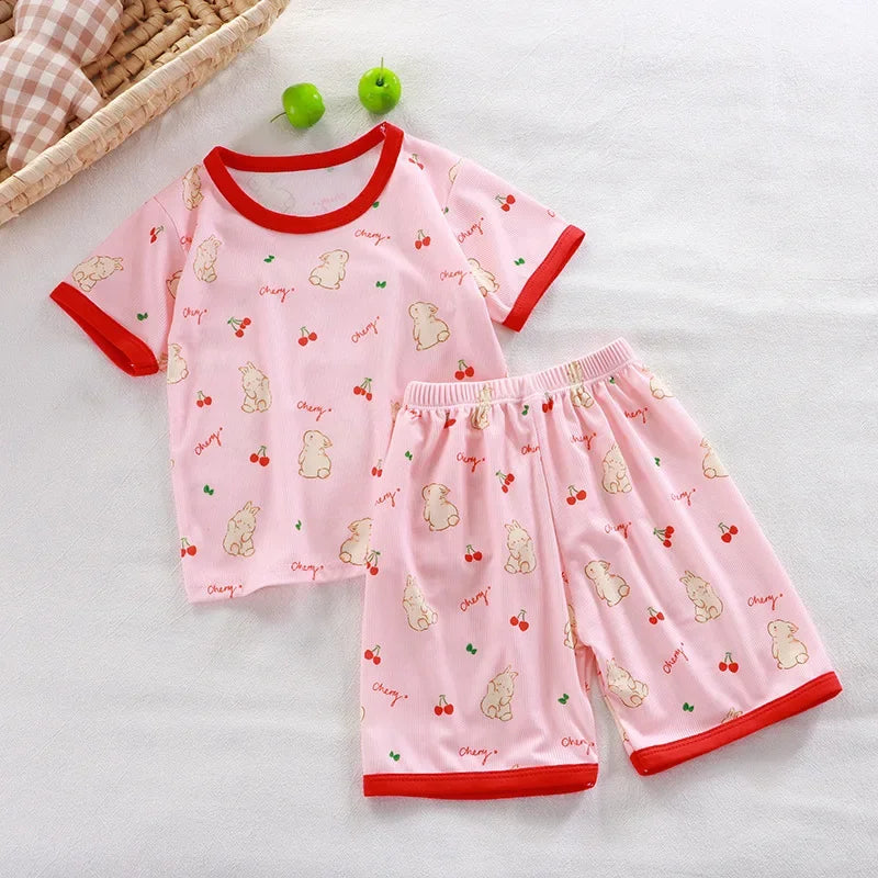 2024 New Boys Girls Summer Thin Clothing Sets Kids Cute Cartoon Print Short Sleeve T-Shirt Tops with Shorts Toddler Baby Pajamas