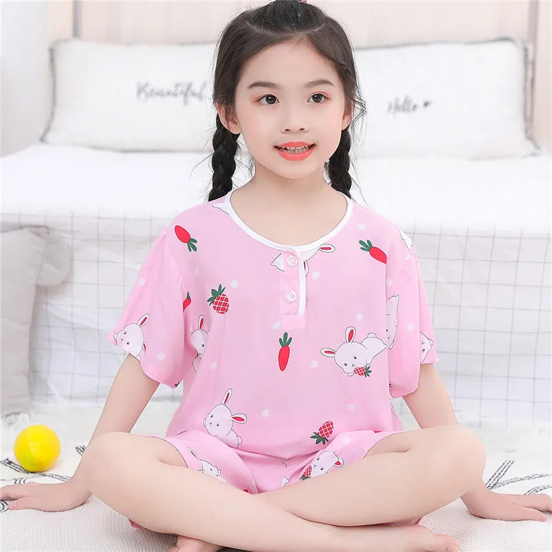Kids Boys Girls Pajamas New 2023 Summer Thin Cute Cartoon Short Sleeve O-Neck Casual Tops with Shorts Baby Sleeping Clothing Set