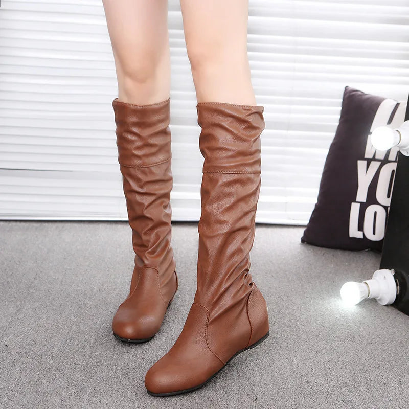 Women's Boots Fashion Designer Pleated Casual Leather Boots 2025New Women Knee High Boot Outdoor Non Slip Flat Boots Botas Mujer