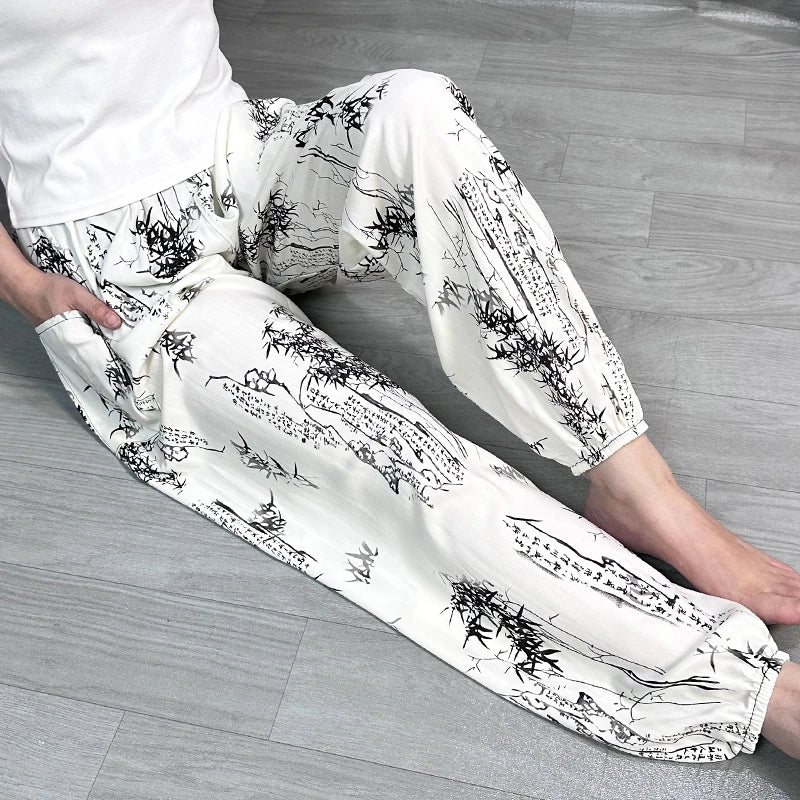 Cool Summer New Silk Cotton Spwear Loose Women's Wide Leg Pants Home Wear Floral Print Heat Resistant Comfortable Casual T...