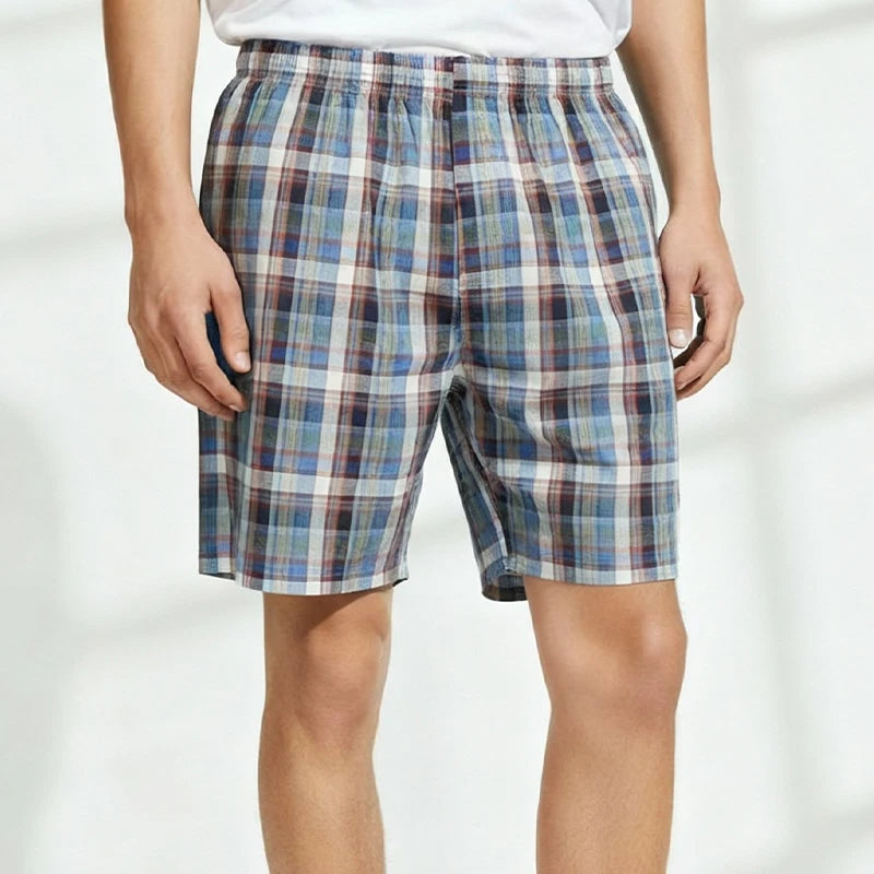 Cotton Plaid Pajama Pants Men Comfortable Widen Waist Elastic Pajamas Sleep Shorts Button Placket Pants pijama hombre