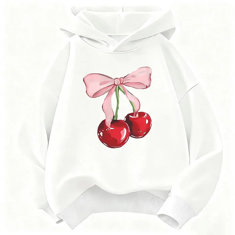 Kids Y2K Cherry Bow Hoodie Cute Print Sweatshirt Boys Girls Spring Autumn Casual Loose Tops