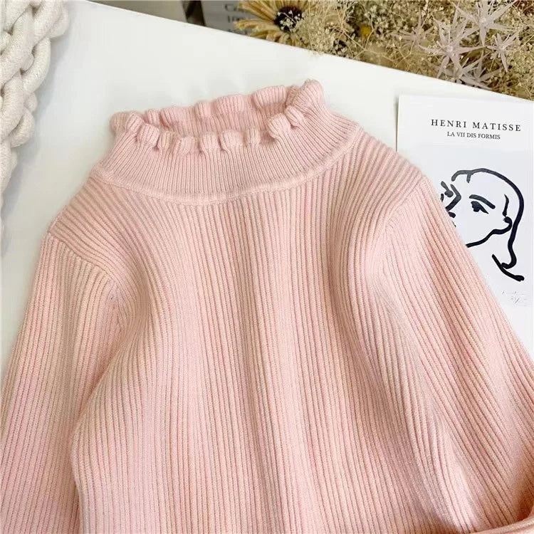 Kids Winter Clothes Baby Girls Knitted Sweater Cute Knitted Bottoms High Neck Inside Sweaters Turtleneck Top Pullovers Cotton