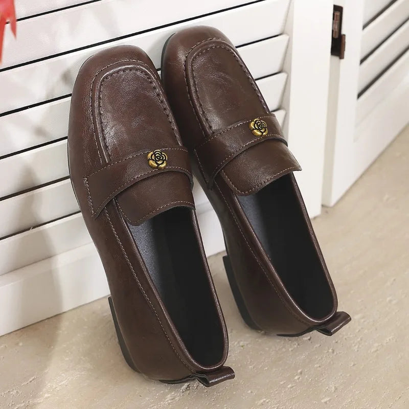 Women's Leather Flat Loafers with Gold-Tone Flower Accessory Round Apron Toe Low Block Heel Comfortable & Office Dress Shoes