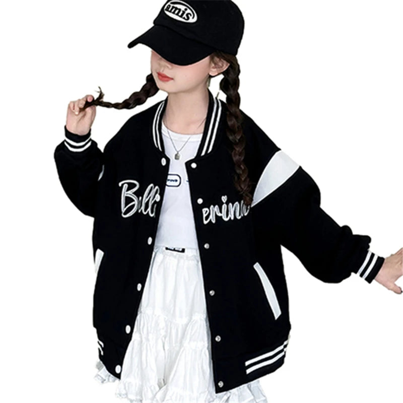 Children's Jackets 2025 Spring Girls Black Baseball Coat New Kids Letters Sports Cardigan Autumn Fashion Outerwear Clothing
