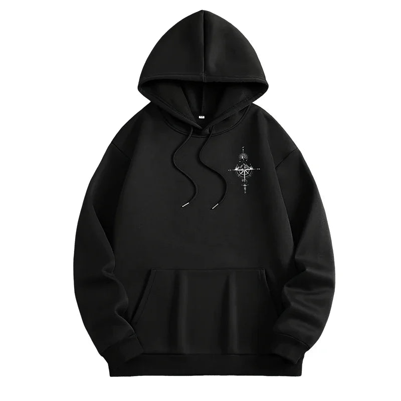 Vintage Compass Print Hoodies for Men High Quality Hooded Long Sleeve Pullover All Season Daily Casual Sports Tops Men's Clothes