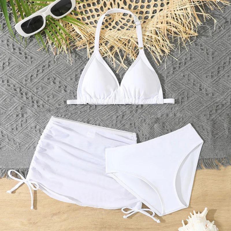2025New Children's Bikini Swimsuit Cute Girls' Three-Piece Set with Chest Pad for Older Children