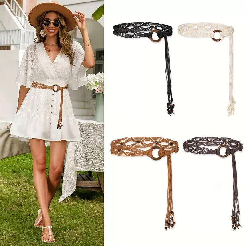 Women Woven Tassel Belt Braided Waistband Tie Strap Boho Girls Wide Waist Rope Chain Waist Belts For Dress Waistband Accessories