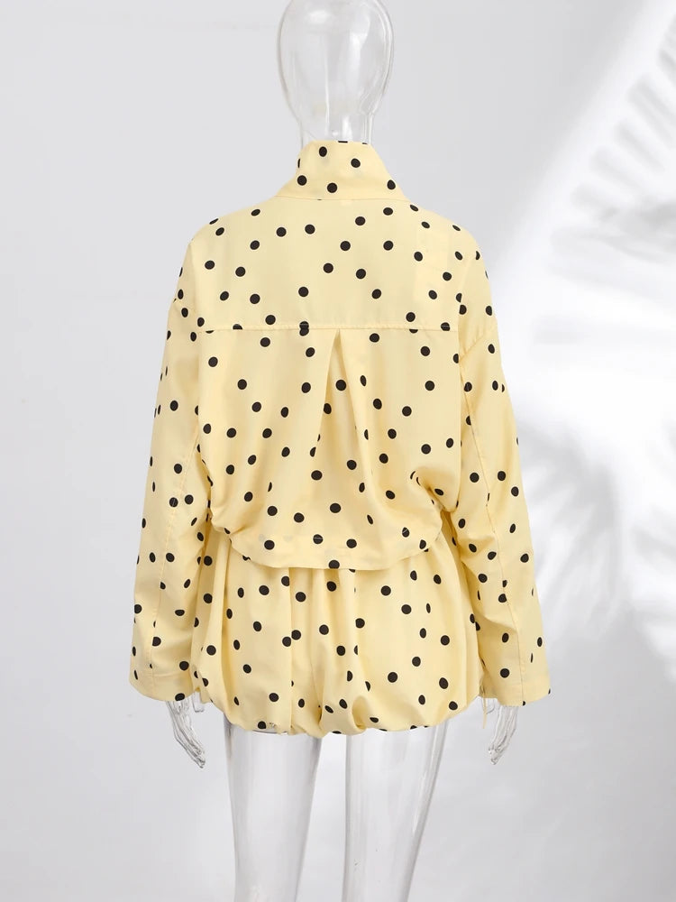 Polka Dot Pleated Coats Shorts 2 Pieces Set Women's Full Sleeves Draw-string Top Straight Short 2026 New Ladies Autumn Outwear
