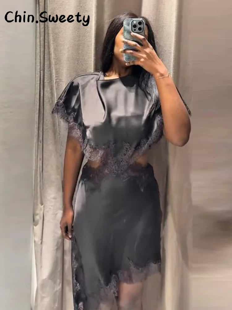 Elegant Satin Spliced Lace Long Dress Women Hollow Out O-neck Short Sleeve Asymmetric Dresses 2026 Spring Lady Chic Party Robes