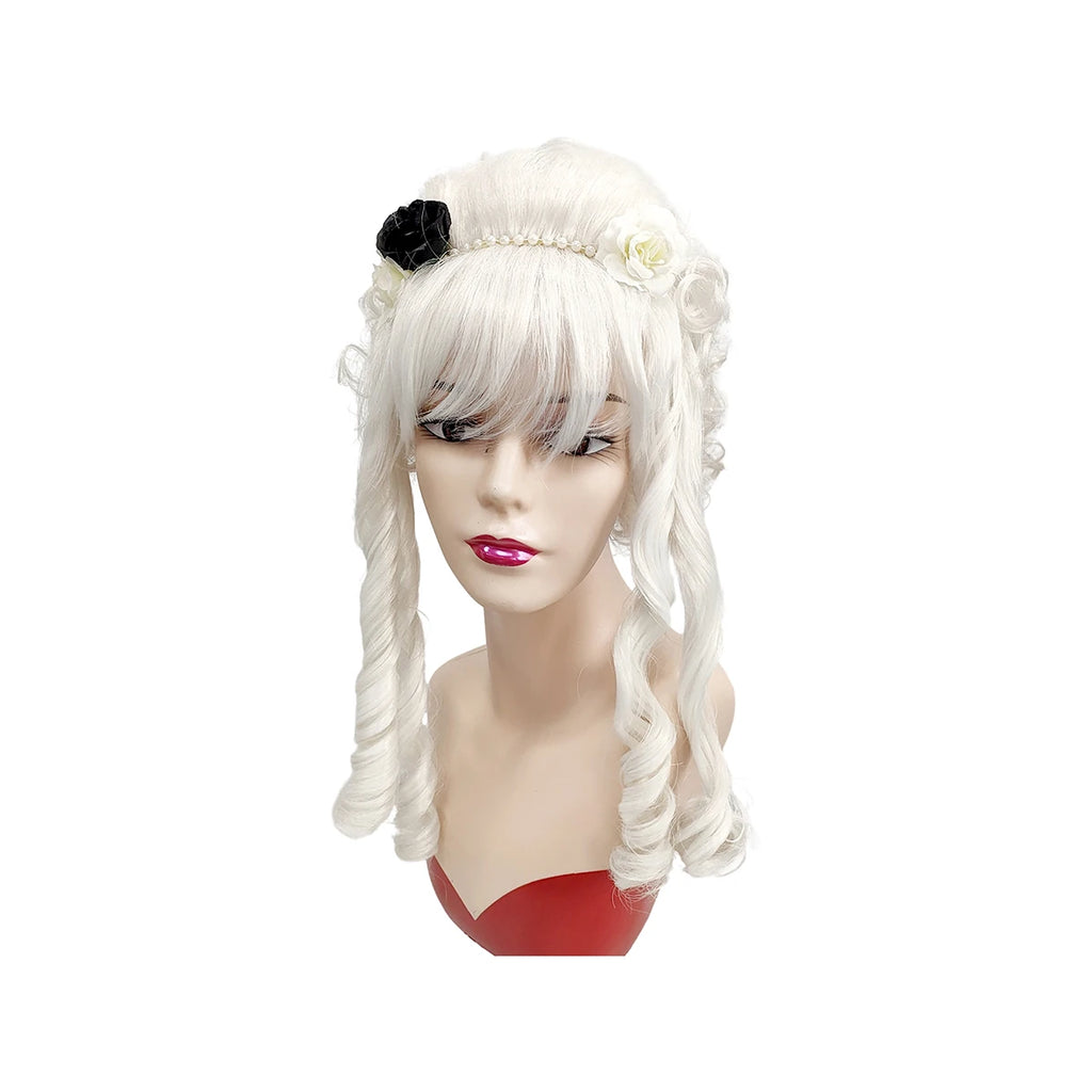 White Curly Updo Synthetic Wig Floral Gothic Rococo Victorian Women Halloween Lolita Cosplay Party Costume Hairpiece