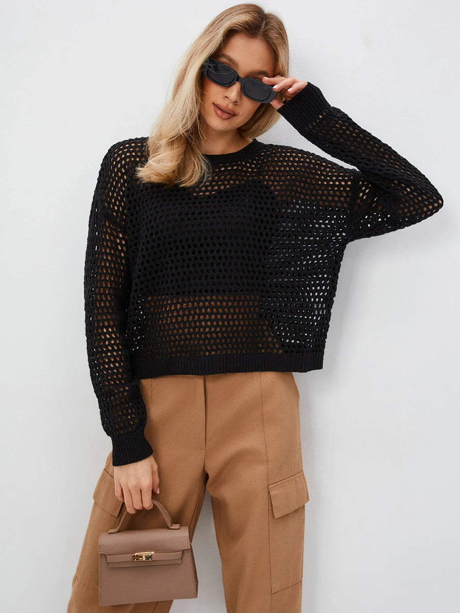 Summer Knitted Sweater Women's Oversize T-shirt Long Sleeve Transparent Vintage Top Loose Pullovers Basic Sexy T-shirt for Women