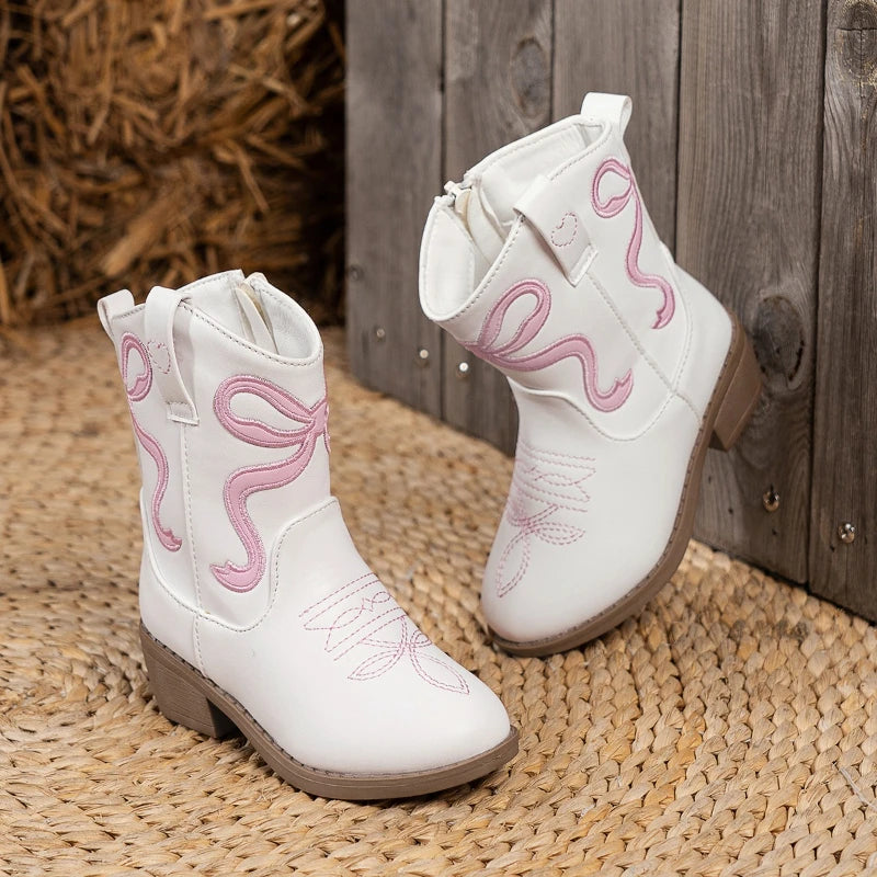 Kids Ankle Boots Kids White Western Cowboy Mid-calf Boots with Pink Embroidery Stylish Toddler Shoes Girls Princess Knight Boots