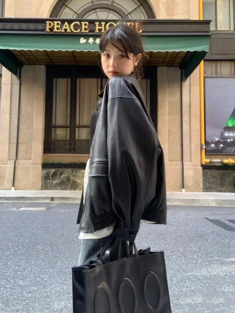 Vintage PU Leather Jacket Women High Street Techwear Oversized Moto Biker Coats BF Punk Loose Casual Cropped Outerwear