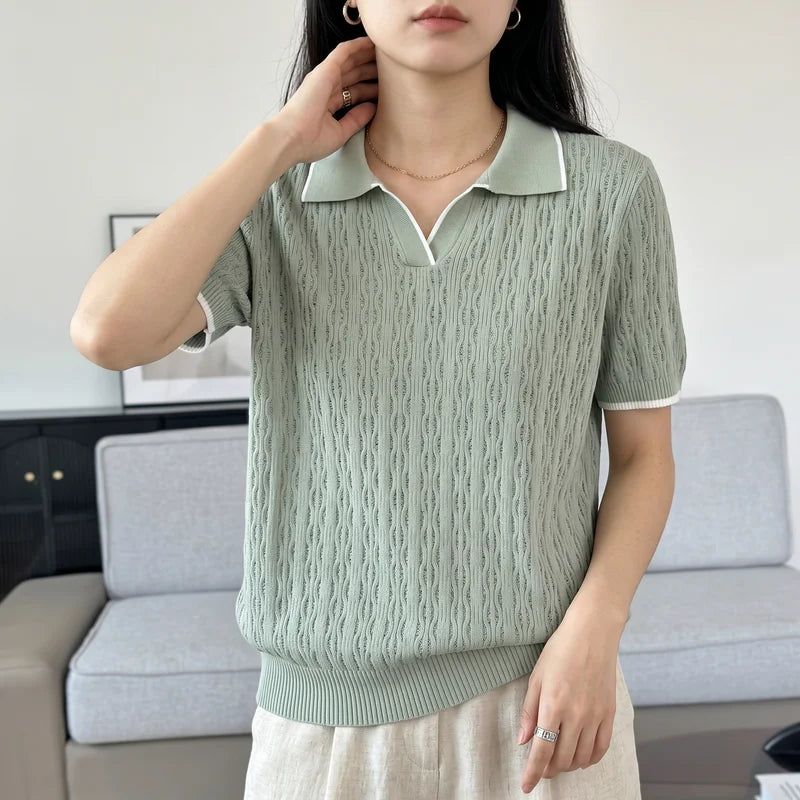 WinvyNee Spring Summer Women Cotton Polo V Collar Sweater Knitted Top Green Solid Short Sleeve Casual Pullover T-Shirt ZA1002042