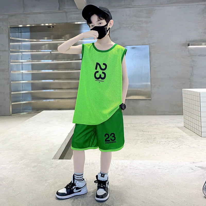 Kids Boys Summer Sports Jerseys Children Vest And Shorts Tracksuit 2Pcs Clothing Set Kids Basketball Clothes Set Sporty Uniform