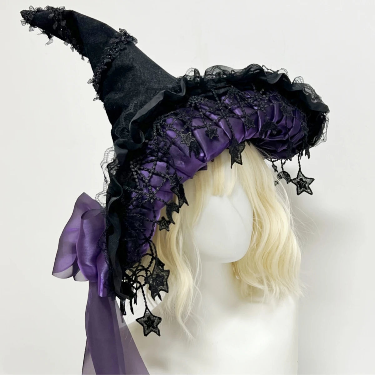 Harajuku Halloween Witch Hat  Women’s Girls Gothic Handmade Bowknot Fleece Lace Lolita Ladies Wizard Hat