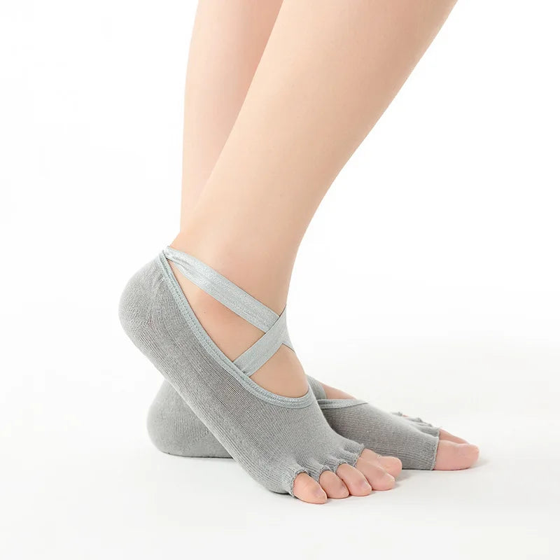 Yoga Sock Women Mid Tube Cotton Sock Silicone Indoor Fitness Pilates Sport Socks Female Floor Dance Exercise Bandage Five Toe