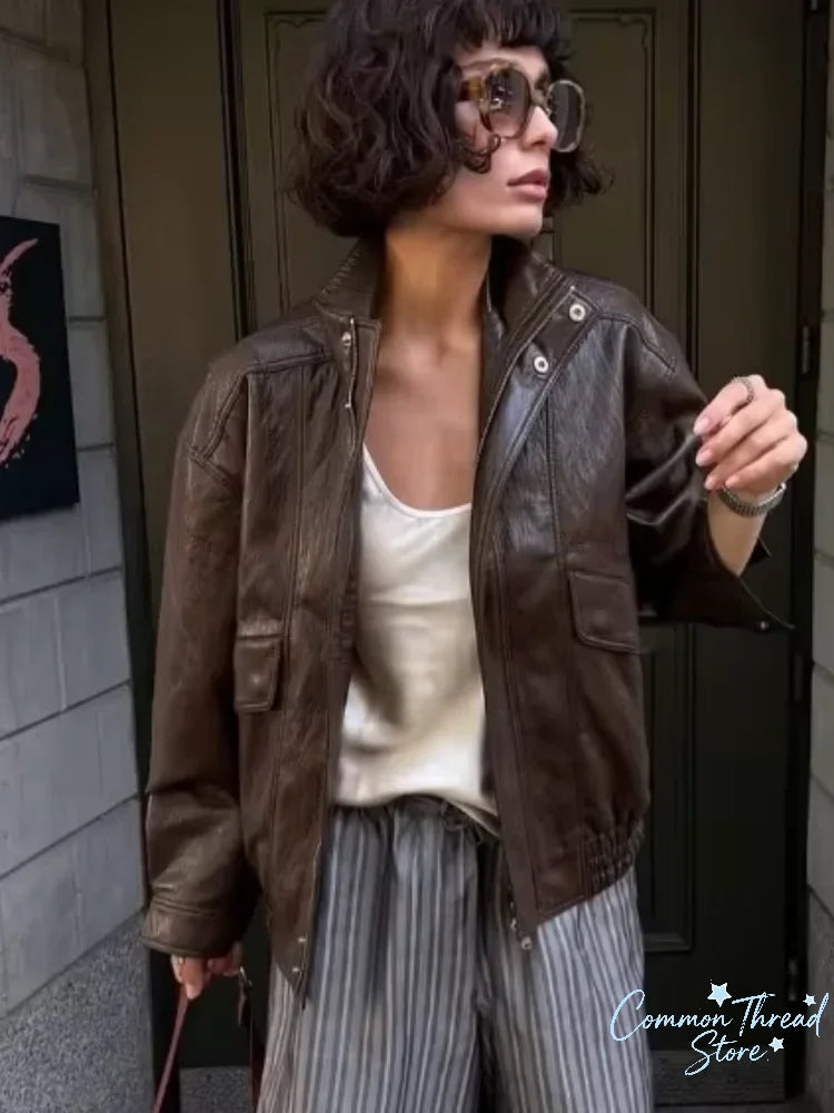 Women Vintage Dark Brown Leather Jacket Casual Stand Collar Zip Up Pocket Long Sleeve Loose Outerwear Street Wear Winter Jackets